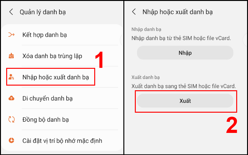 Chọn Xuất tại mục Xuất danh bạ sau khi truy nhập Nhập hoặc xuất danh bạ